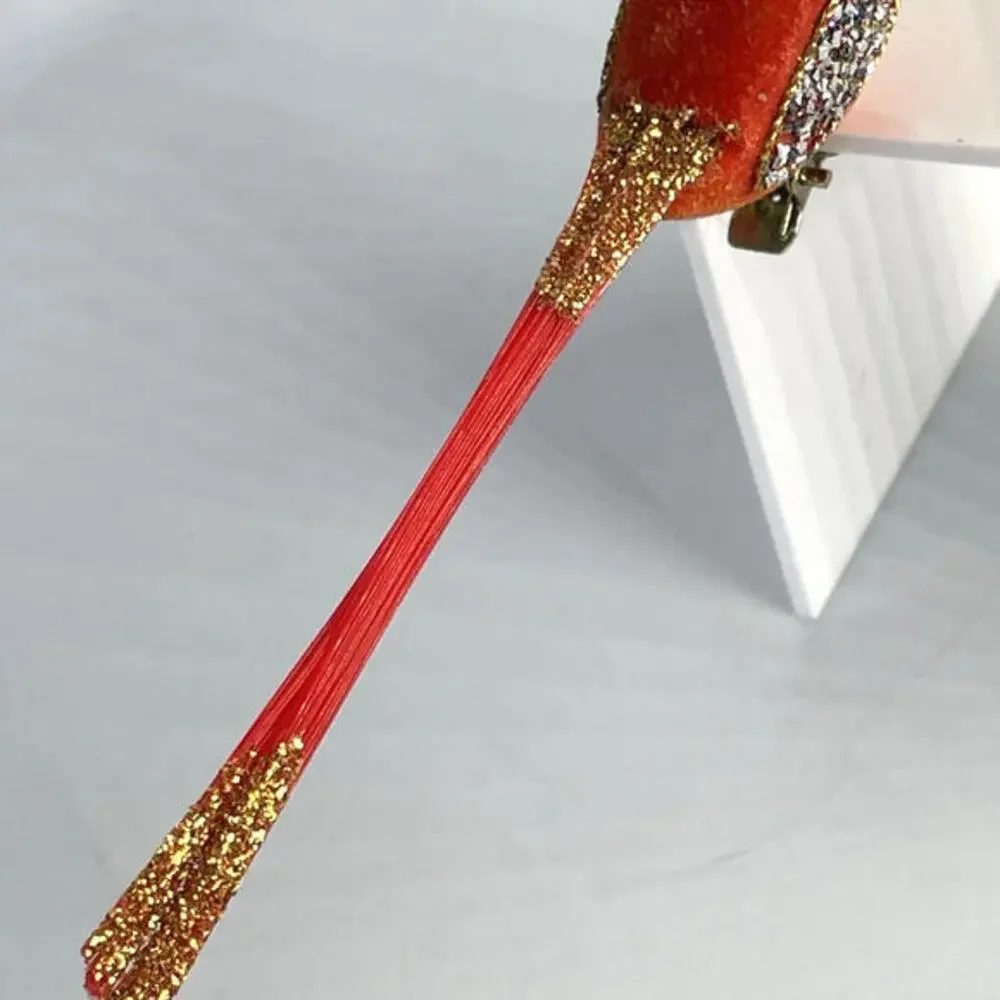 Vintage Flocked Glitter Long Tail Bird Clip On‎ Christmas Ornaments Orange White